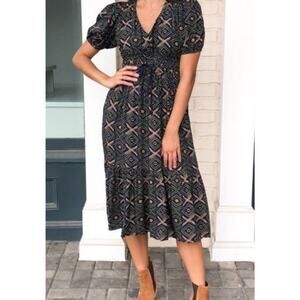 Böhme Tribal Print Midi‎ Dress Black Green Multi XL Bohemian New